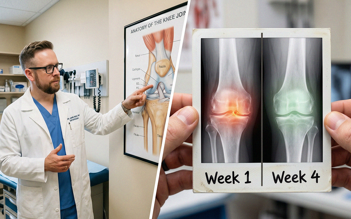 Orthopedist explaining knee anatomy beside a Day 1 vs Day 30 knee comparison